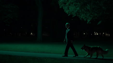 a man walks his dog in a park at night under green lighting