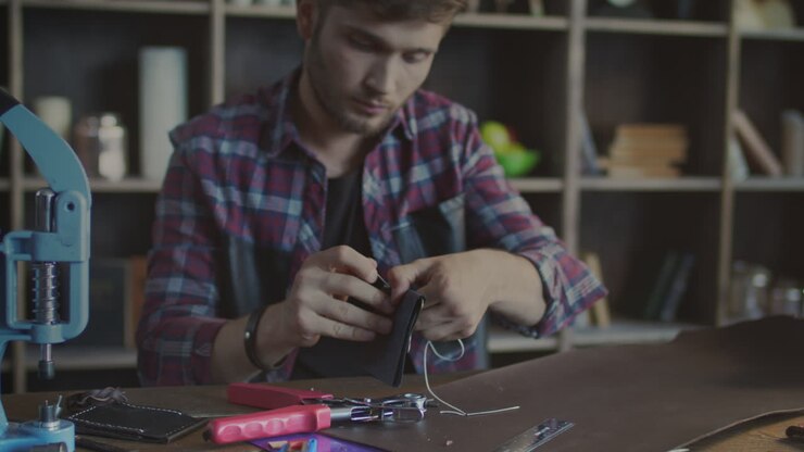 Man sewing needle in home workshop. Craftsman making leather wallet