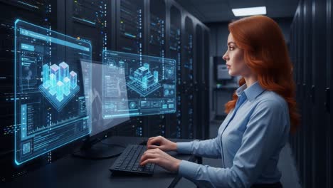 a focused professional analyzing data visualizations in a high-tech server room, surrounded by digital displays and advanced technology interface