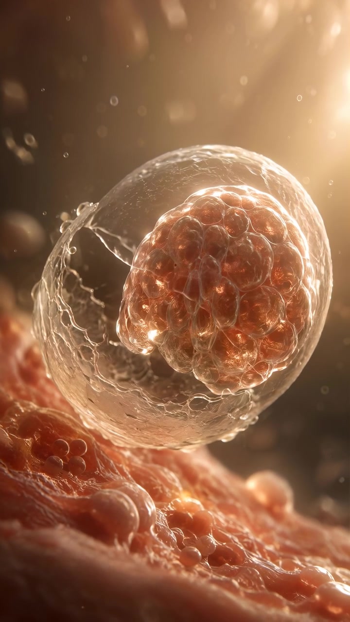 Una forma arrotondata traslucida fluttua sopra una superficie strutturata mentre la luce attraversa dettagli stratificati, mostrando riflessi caldi, una sottile rotazione e un contrasto con uno sfondo scuro in una vista macro ravvicinata.