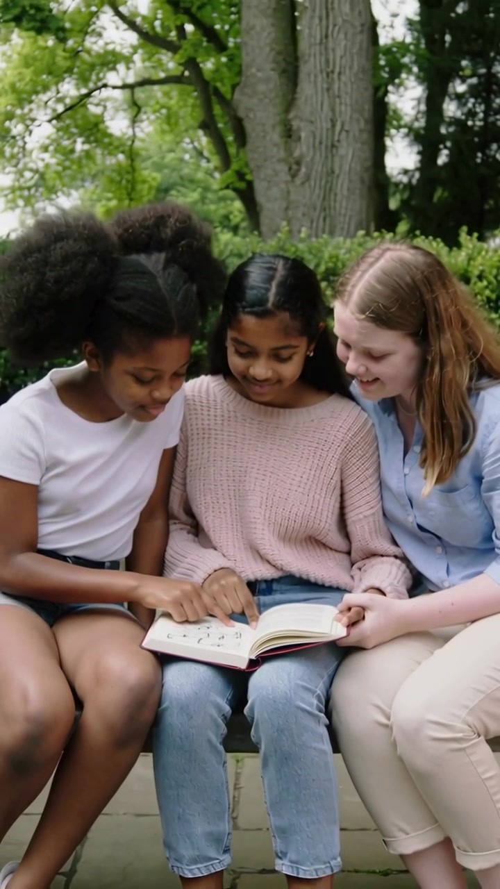 Video verticale: La telecamera si allontana, tre ragazze indicano un libro su una panchina di legno per condividere una storia