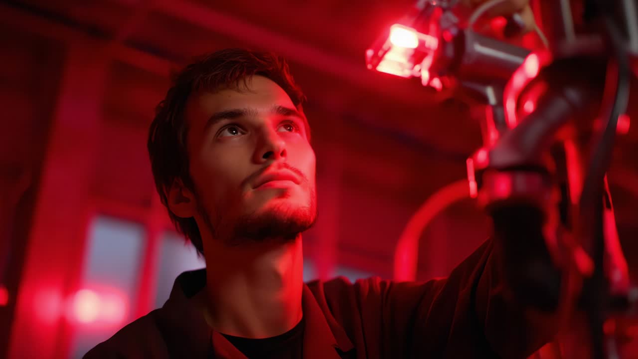 Un'esplorazione intensa di robotica e tecnologia: un giovane tecnico concentrato lavora sotto luci rosse, utilizzando apparecchiature avanzate mentre si dedica con impegno a trovare soluzioni innovative e a migliorare le prestazioni