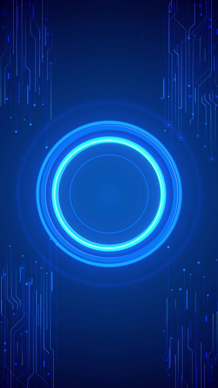 Sfondo di interfaccia tecnologica circolare blu con anello luminoso centrale, dettagli di circuiti negli angoli e pulito