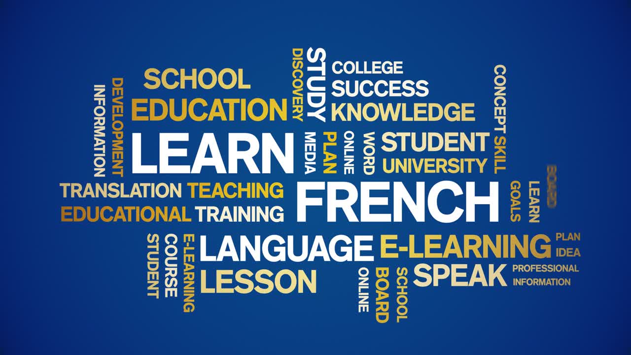 4k aprender francés animado etiqueta nube de palabras, diseño de texto animación bucle sin fisuras.