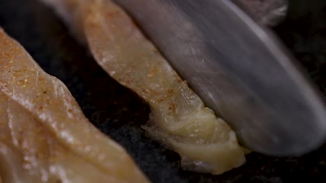 primer plano de filete de pollo cortado en tiras