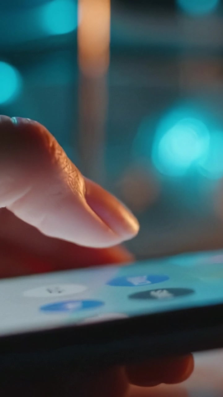 Primo piano di un dito con uno schermo di smartphone, circondato da una morbida illuminazione blu, che evidenzia la moderna tecnologia touch e l'interazione digitale.