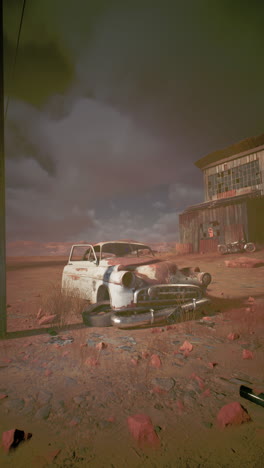 rusty car in a desolate desert landscape