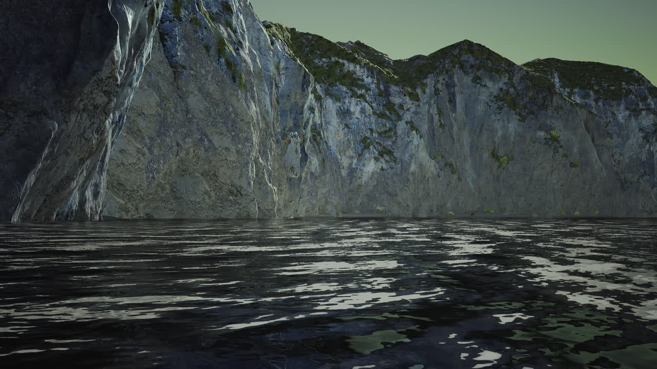 Majestic cliffs rise above tranquil waters at dawn on a peaceful coastline