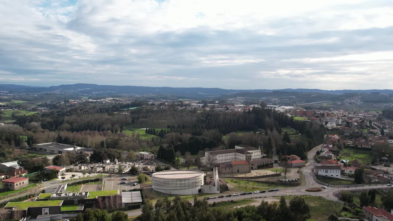 Aerial - Igreja Nova de Santiago de Antas church and forest in Famalicão