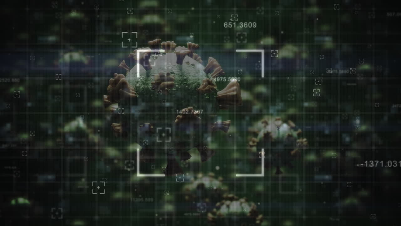 녹색 배경에 대한 코로나19 세포에 대한 변화하는 숫자와 스 스캔의 애니메이션