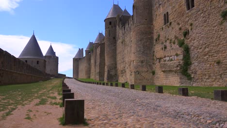 ramparts around the beautiful castle fort at carcassonne france