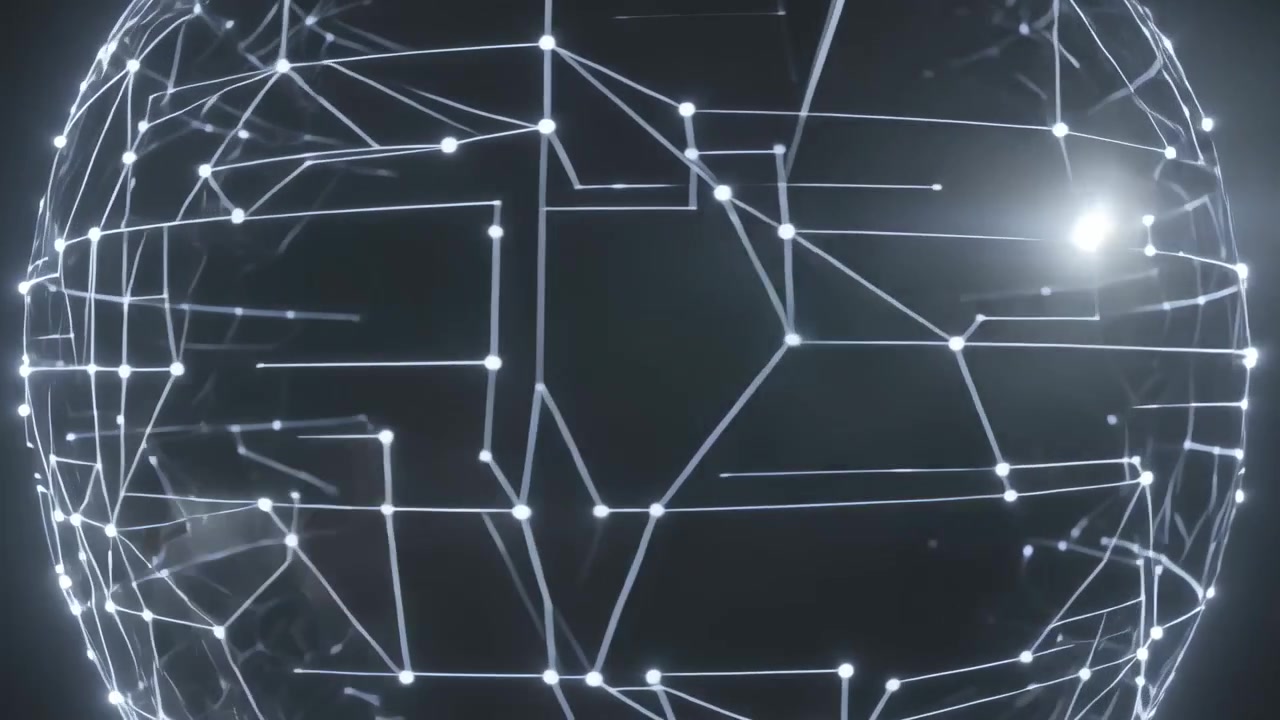 Rotating wireframe globe showing network activity in dark void, bright flares moving across nodes