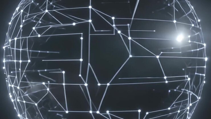 Globo a wireframe rotante che mostra attività di rete nel vuoto oscuro, con bagliori luminosi che si muovono tra i nodi.