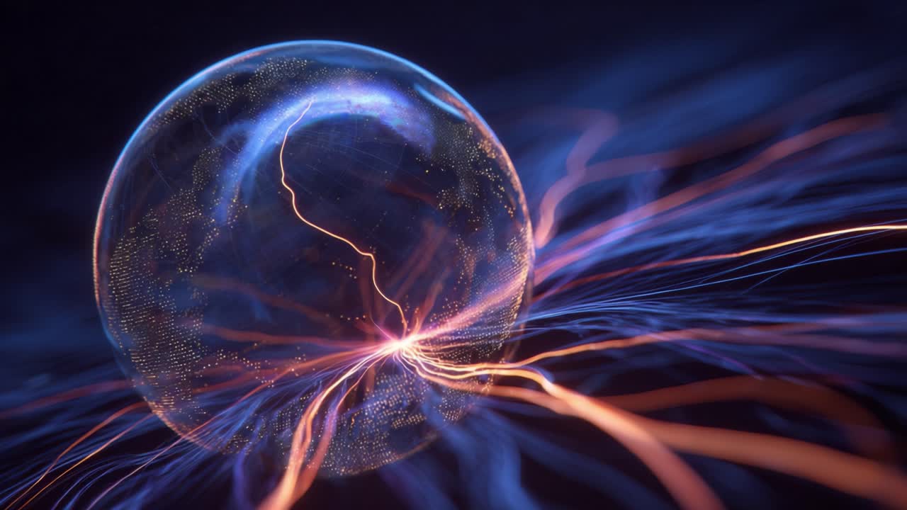 Abstract blue and orange light streaks flowing in and out of a transparent digital globe, representing global networking, data transfer, and futuristic communication technology on a dark background