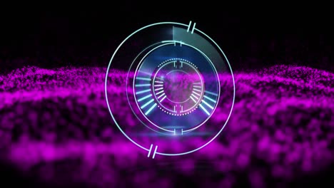 animación de la cerradura de seguridad sobre la onda en movimiento de puntos púrpuras brillantes