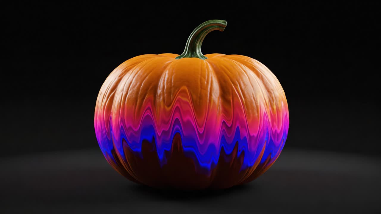 An Artistic Representation of a Pumpkin with Vibrant Abstract Patterns, Showcasing a Blend of Orange, Purple, and Blue Colors Against a Dark Background