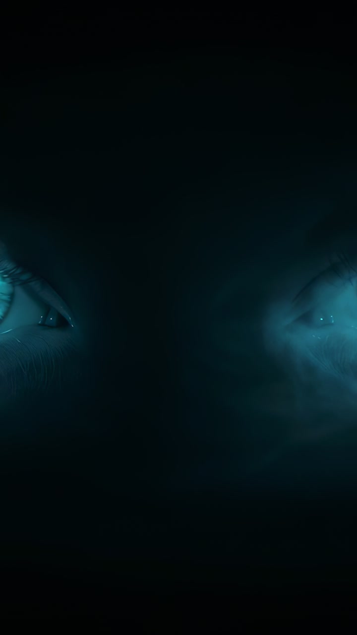 Vertical video: Sequence starting turquoise eyes emerging pulsing in void with swirling mist fading