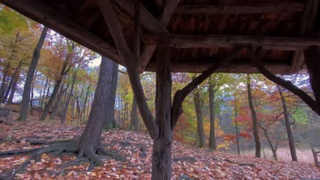 Rustic-Gazebo-in-a-colorful-fall-forest-on-a-dreary,-rainy-day