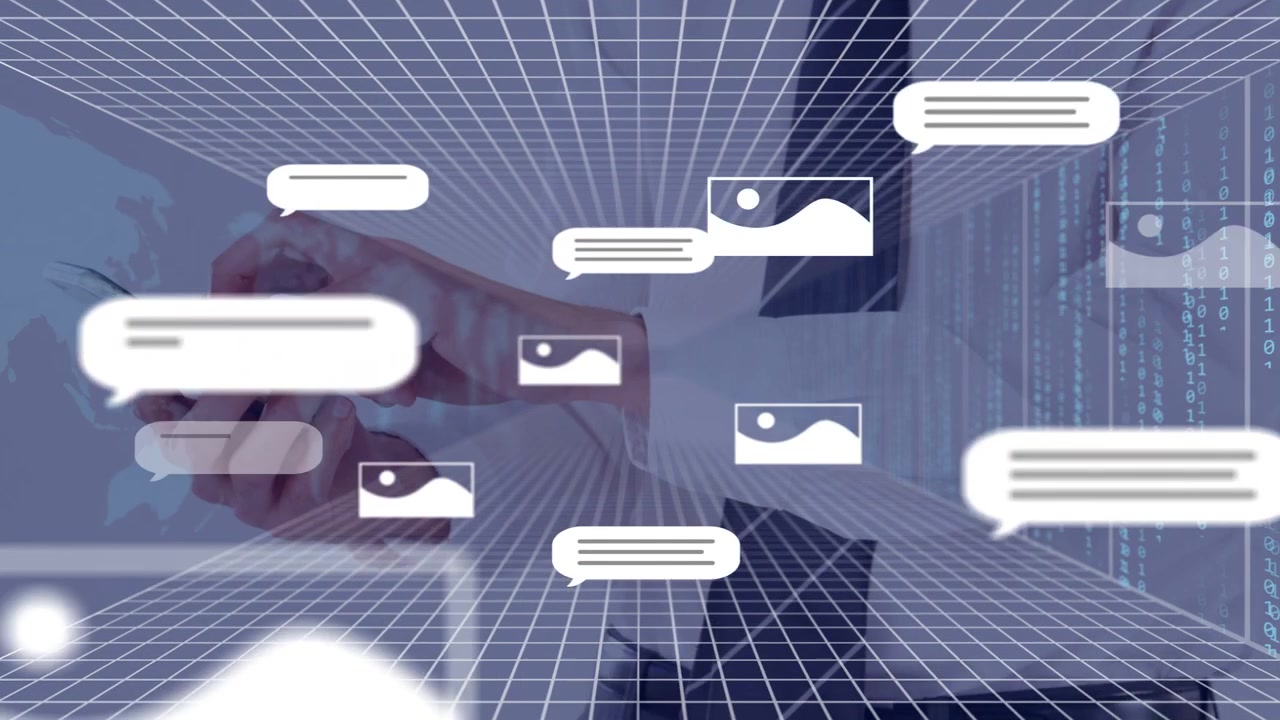 Hands holding phone tapping and swiping, spawning bubbles and pics in 3D tunnel showing messages