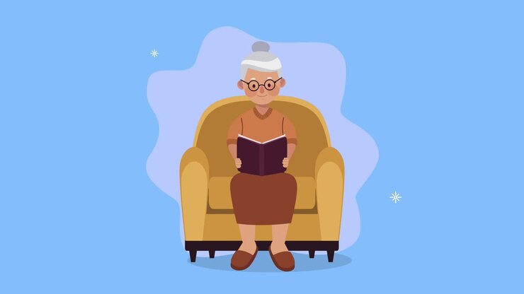 großmutter liest ein buch, charakter-animation