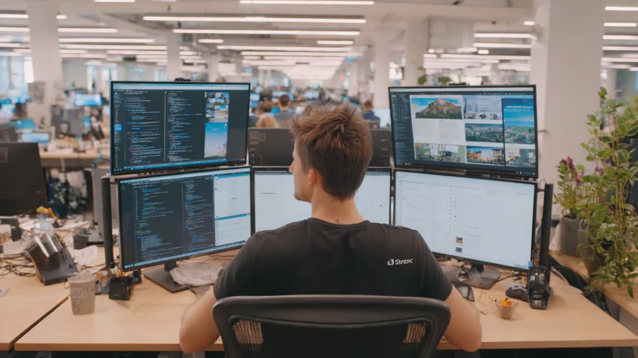 Professionista concentrato che lavora a una scrivania moderna circondato da diversi monitor che visualizzano codice complesso e dati analitici in un ambiente di lavoro vivace