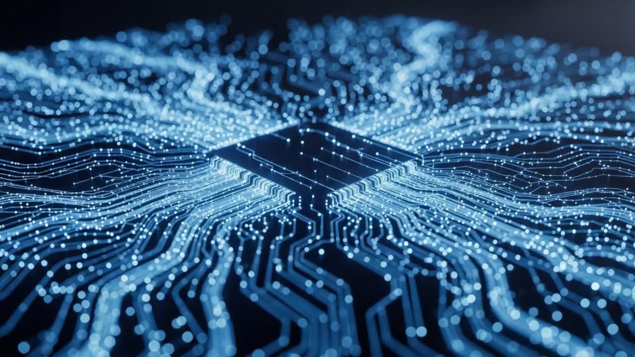 A Stunning Visual Representation of Deeply Intricate Circuitry and Data Flow with a Central Microchip Illuminated in Brilliant Blue Light