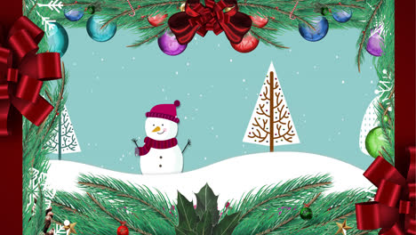 animación digital de decoraciones navideñas que forman un marco contra la nieve que cae sobre el muñeco de nieve