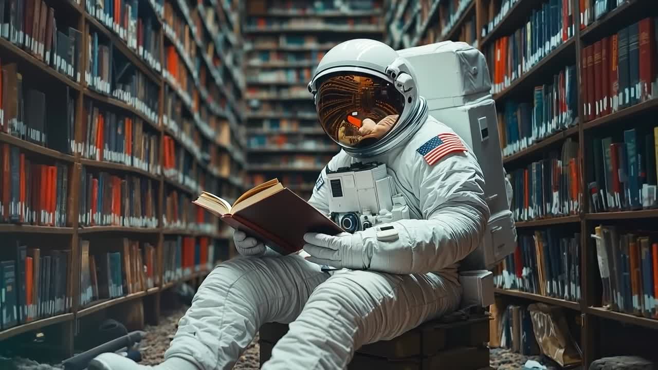 un astronauta leyendo un libro en una biblioteca