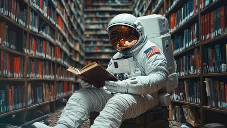 an astronaut reading a book in a library