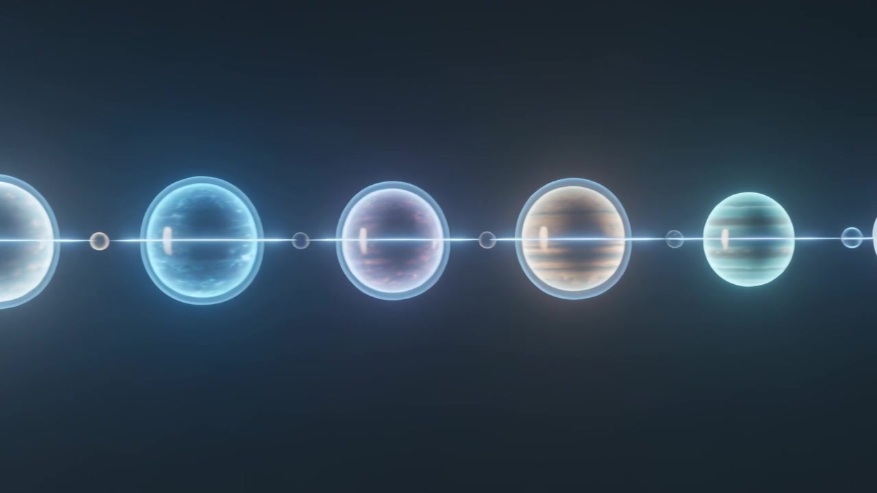 Animation starting, row of spheres sliding right along bright line on dark field, evening spacing