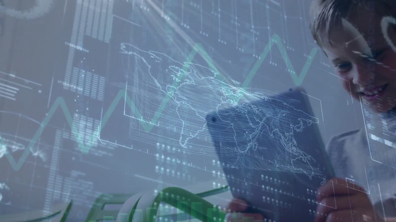 animación de procesamiento de datos y mapa del mundo sobre niño caucásico usando tableta