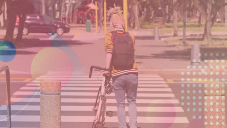 animation of shapes over albino african american man walking with bicycle