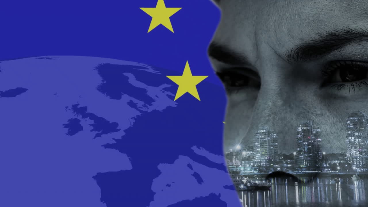 animación de mujer caucásica con paisaje urbano sobre la bandera de la ue y el globo
