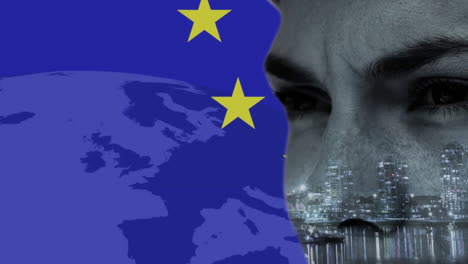 animación de mujer caucásica con paisaje urbano sobre la bandera de la ue y el globo