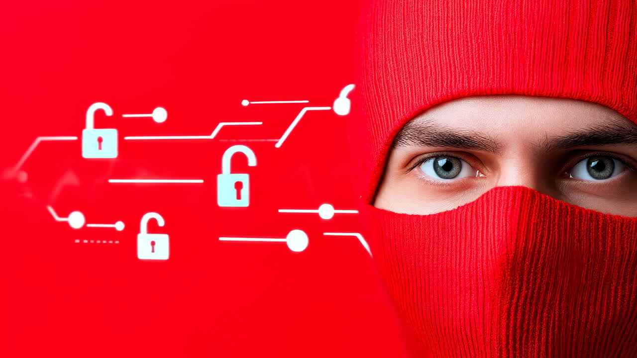 Cyber threat awareness. A person wearing a red mask represents the growing concerns of cybersecurity in a digital age filled with threats