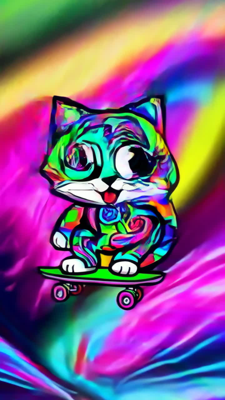 Psychedelic Neon Cat Skateboarding in Vibrant Lights