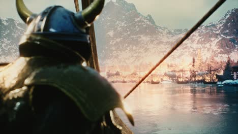 a brave shiba warrior sails at dawn on a viking boat in a mystical seascape journey