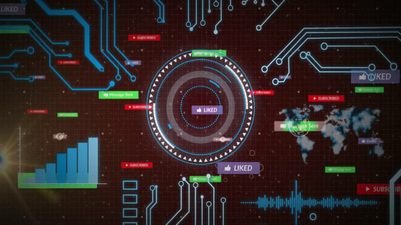 Animation of social media text on banners over scope and circuit board