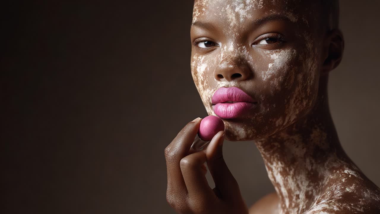 A striking portrait of a model with textured skin holds a pink object against her face, showcasing a unique blend of beauty and artistry in contemporary fashion photography