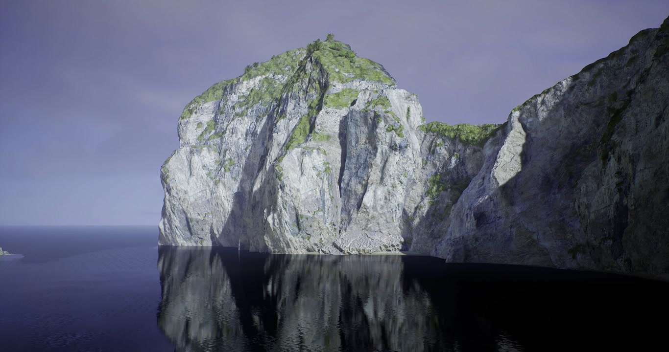 Bright cliffs mirrored in calm waters as gentle sunset glows