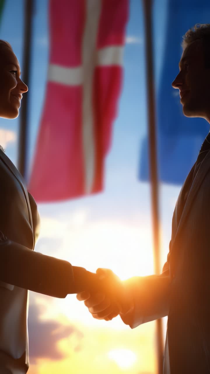 A New Era of Collaboration: Two Professionals Engaging in a Firm Handshake Against a Backdrop of Flags, Symbolizing Unity and Partnership at Sunset