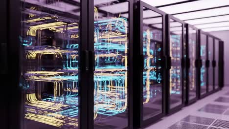 inside a cutting-edge data center, server racks are seen lined up with glowing cables and network connections. the high-tech environment highlights advanced technology in use for data management.