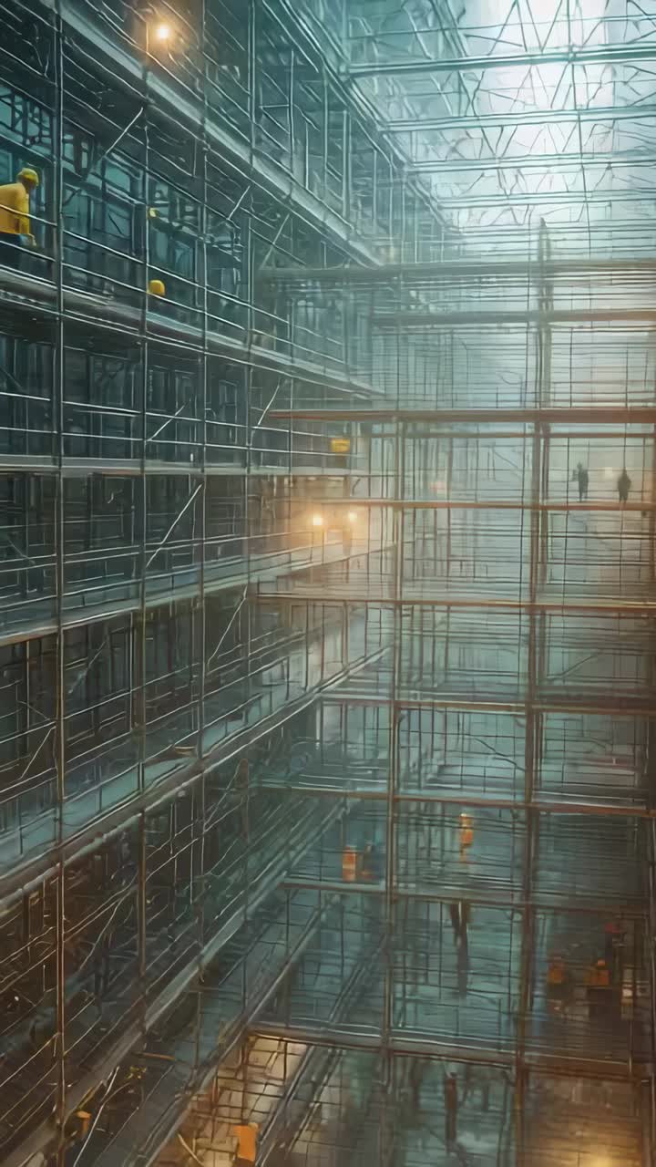 Vertical video: Camera panning, scaffold in atrium showing workers inspecting, wearing hi-vis gear