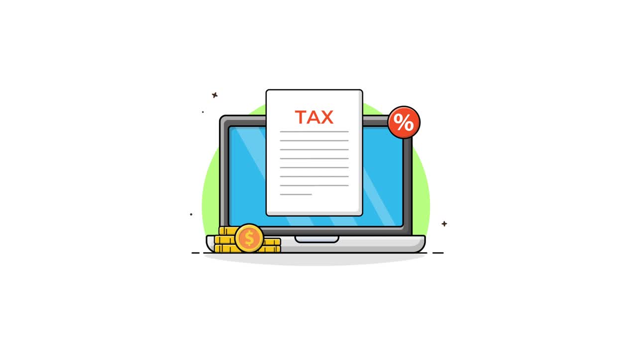 Laptop Animato che Mostra un Documento Fiscale con Monete e Percentuale