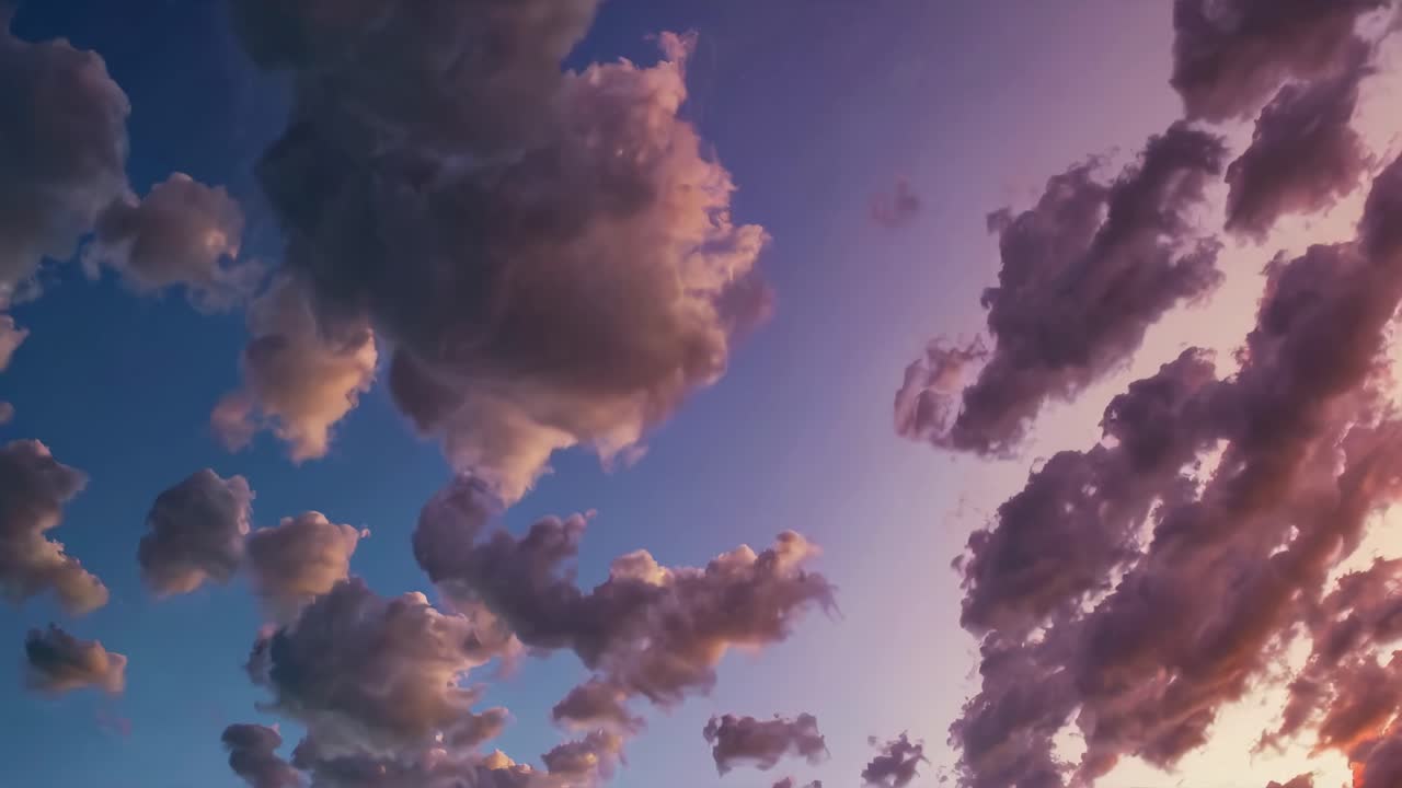 Dramatic low-angle shot of a vibrant sunset sky with fluffy clouds, perfect for a time-lapse video