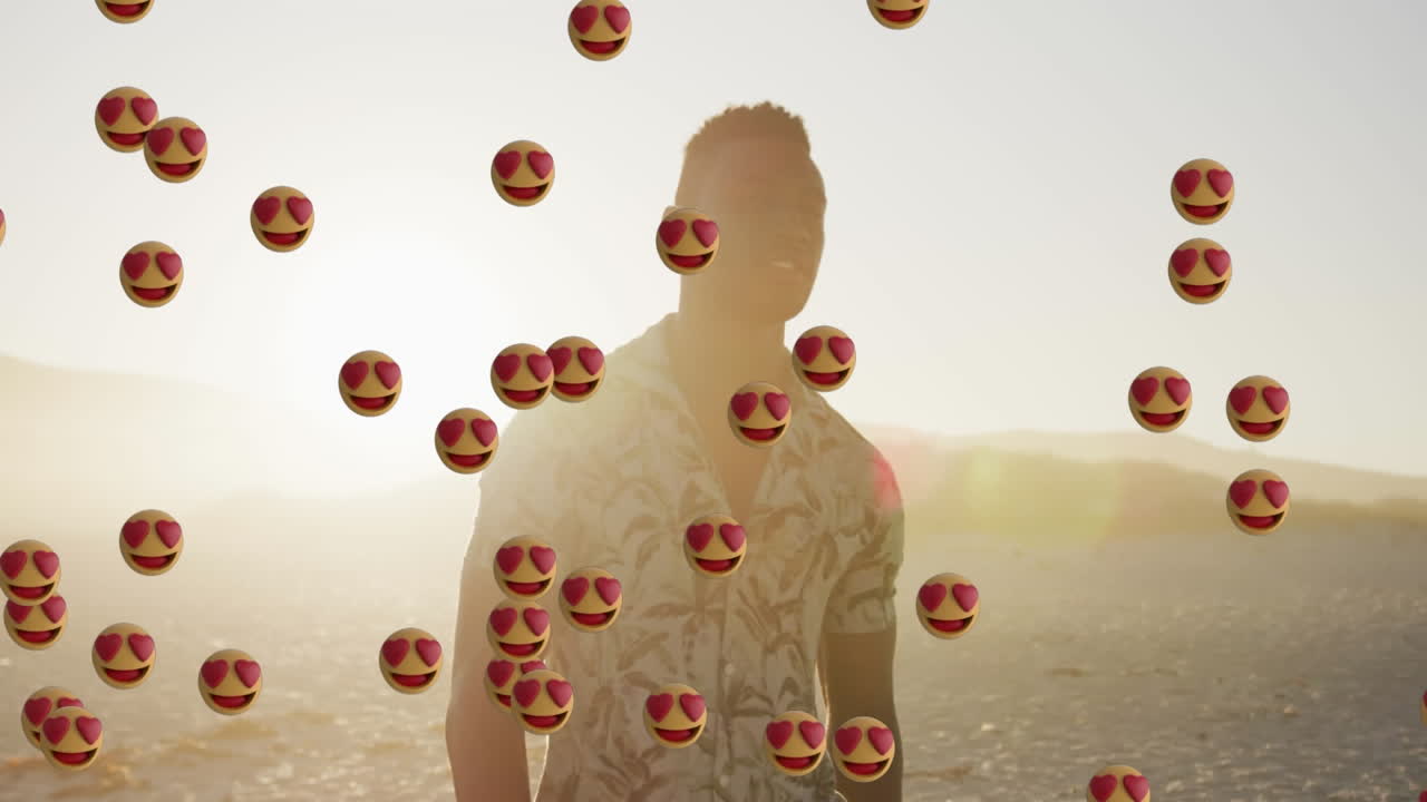 해변에서 고 있는 아프리카계 미국인 남성 위에 쓰러지는 소셜 미디어 아이콘의 애니메이션