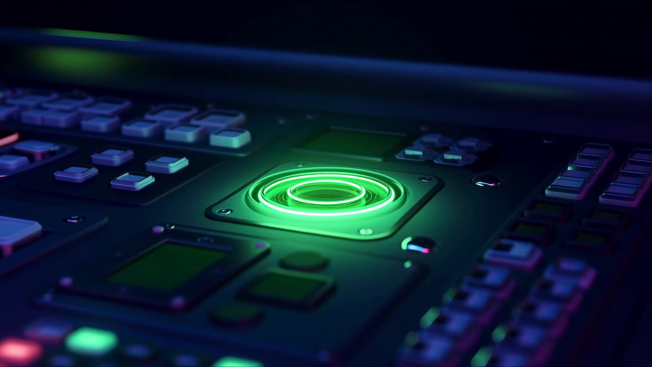 A professional audio mixing console in a studio environment, viewed from a top-down perspective, featuring knobs and buttons, with a clean and technical setup in green and blue tones.