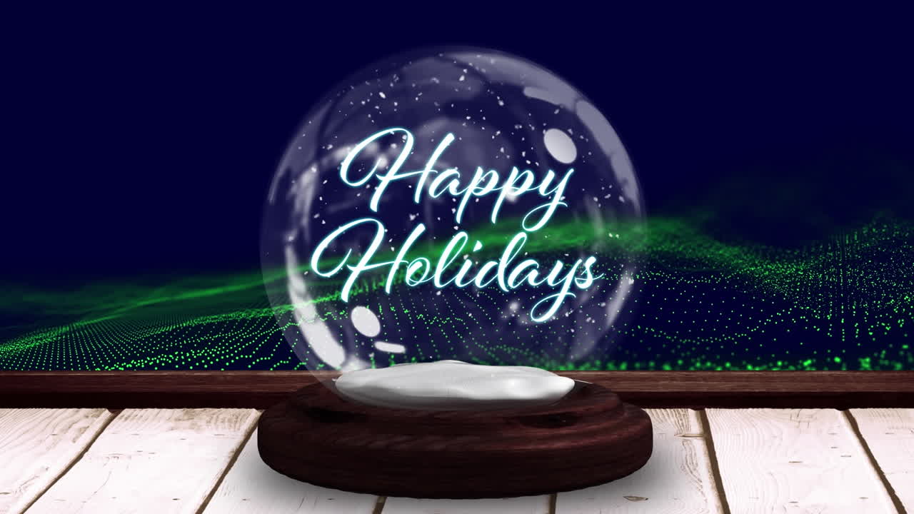 크리스마스 텍스트와 네이비 배경에 내리는 눈이 있는 스노우 글로브의 애니메이션