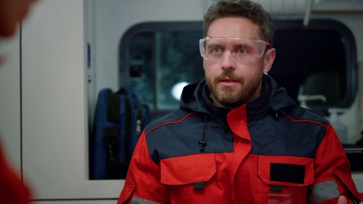 ein frustrierter sanitäter diskutiert seinen job mit einem kollegen im notfallfahrzeug
