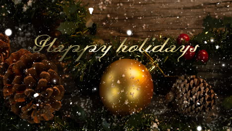 Animation-of-happy-holidays-text-over-snow-falling-with-christmas-decorations